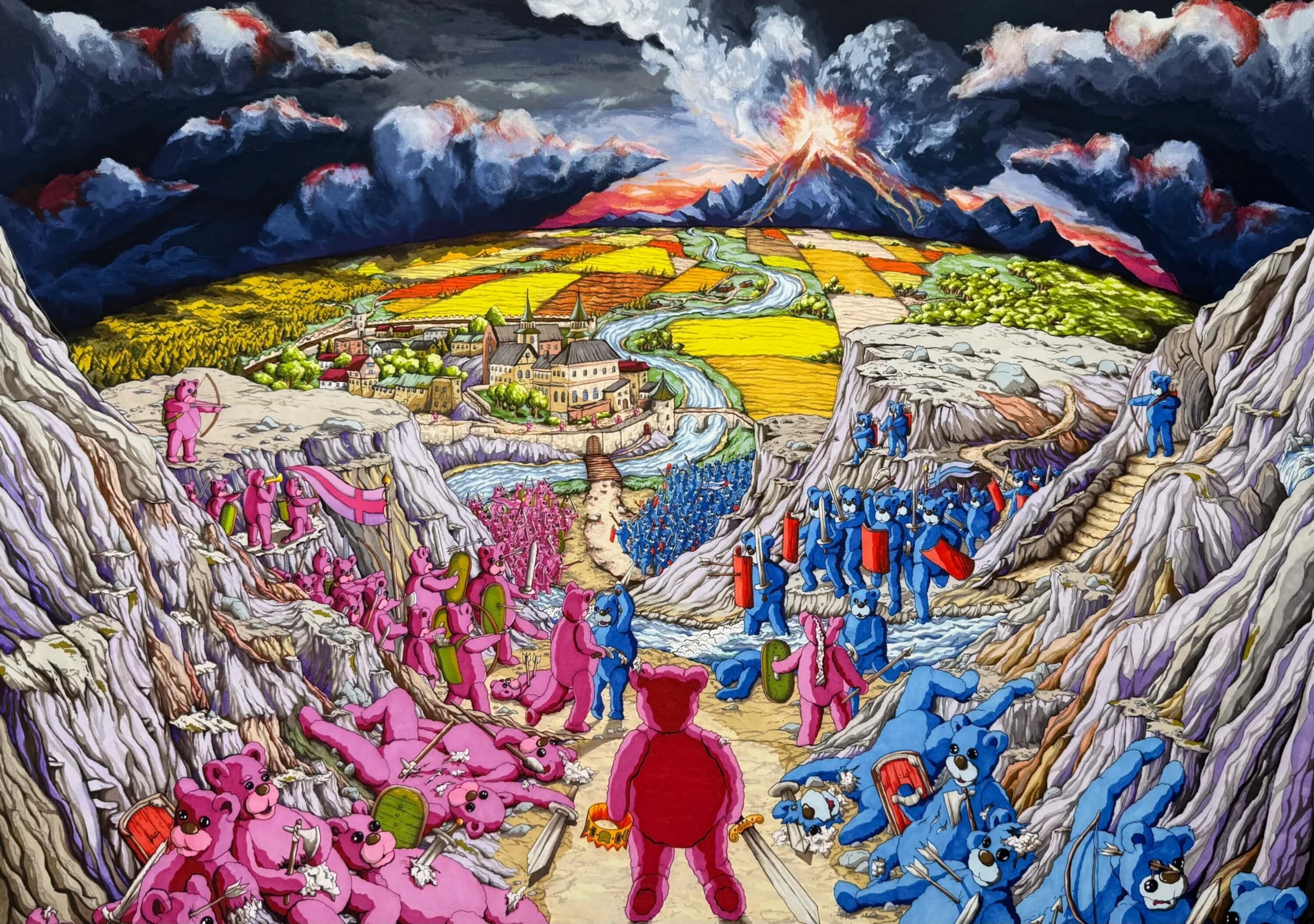 Dark night sky over a grand fantasy landscape with mountains in the distance